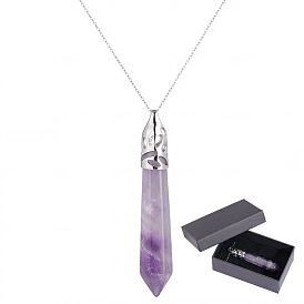 1Pc 304 Stainless Steel Cable Chain Necklaces, 1Pc Natural Amethyst Pendants, with Paper Jewelry Set Gift Packing Boxes and Raffia Crinkle Cut Paper Shred Filler, Bullet