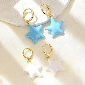 Латунные серьги обруча, с эмалью, пятиконечную звезду, реальный 18 k позолоченный