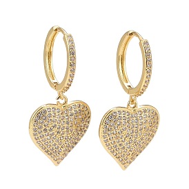 Cubic Zirconia Heart Dangle Hoop Earrings, Real 18K Gold Plated Brass Jewelry for Women, Lead Free & Cadmium Free