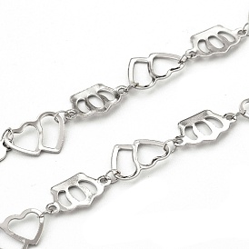 304 Stainless Steel Crown & Double Heart Link Chains, Soldered, with Spool