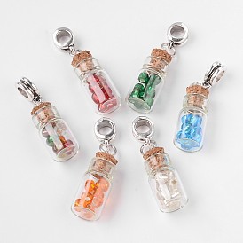 Botella de vidrio con abalorios de vidrio colgantes europeos, con fornituras de aleación de tono plata antigua, Grandes colgantes agujero, 35 mm, agujero: 5 mm