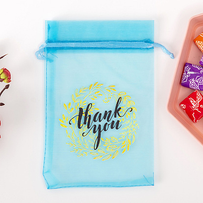 Rectangle Organza Drawstring Gift Bags, Candy Storage Printed Pouches with Word Thank You