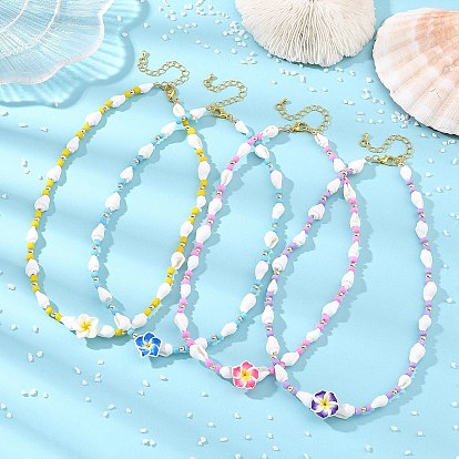 Collares para mujer con flores de arcilla polimérica, cuentas de vidrio y conchas de trompeta naturales., dorado