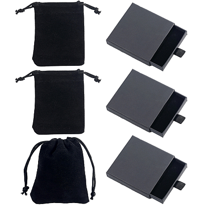 3Stück Papierschubladenboxen, mit schwarzem Schwamm innen, für Armbänder, Ohrringe, Aufbewahrung von Halsketten, Viereck, mit 3 Stück Samtbeutel