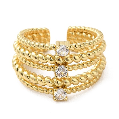 Rack Plating Real 18K Gold Plated Brass Multi Lines Open Cuff Rings, with Cubic Zirconia, Long-Lasting Plated, Lead Free & Cadmium Free