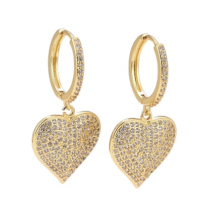 Cubic Zirconia Heart Dangle Hoop Earrings, Real 18K Gold Plated Brass Jewelry for Women, Lead Free & Cadmium Free