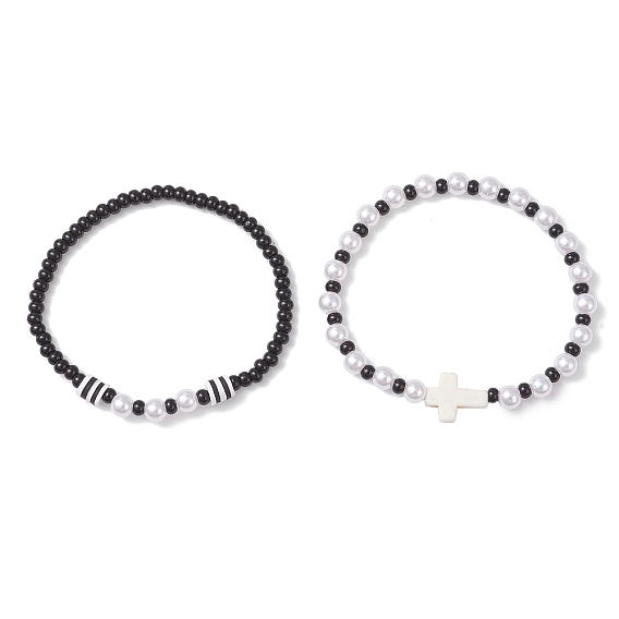 2 шт. 2 стили, АБС-пластик, искусственный жемчуг и бисер, круглые эластичные браслеты с бусинами, с синтетической бирюзой, вышитой крестом