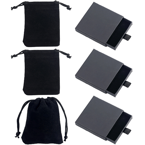 3Pcs Paper Drawer Boxes, with Black Sponge Inside, for Bracelets, Earrings, Necklace Storage, Square, with 3Pcs Velvet Pouches