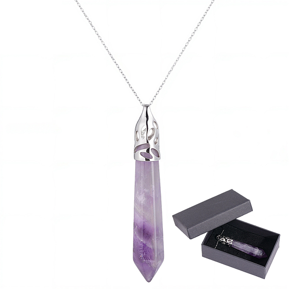 1 pc 304 colliers de chaîne de câble en acier inoxydable, 1panneaux en améthyste naturelle, avec des boîtes d'emballage cadeau pour bijoux en papier et du papier de raphia froissé pour le rembourrage, balle