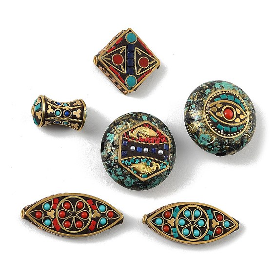 Handmade Polymer Clay Indonesia Beads, with Synthetic Turquoise & Resin & Unplated Brass, Colorful