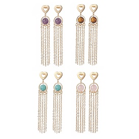 4 Pair 4 Style Natural & Synthetic Mixed Gemstone Beaded Dangle Chandelier Earrings, Golden Brass Heart with Tassel Long Drop Earrings for Women