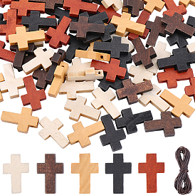 100шт. 5 цвета подвесок из неокрашенного дерева, религия, крестик, с 1пучкой вощеного полиэстерного шнура