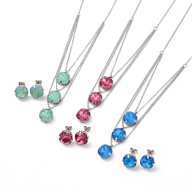 304 Stainless Steel Pendant Necklaces and Stud Earrings Sets, with Cubic Zirconia and Cable Chains, Square