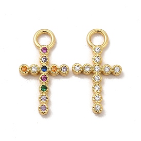 Rack Plating Brass Micro Pave Cubic Zirconia Pendants, Cadmium Free & Lead Free, Long-Lasting Plated, Religion Cross Charm, Real 18K Gold Plated