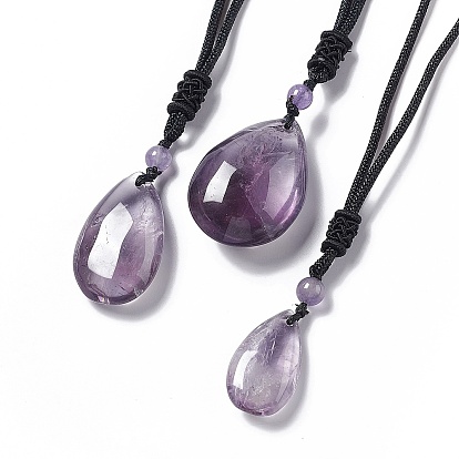Natural Amethyst Teardrop Pendant Necklace with Nylon Cord for Women