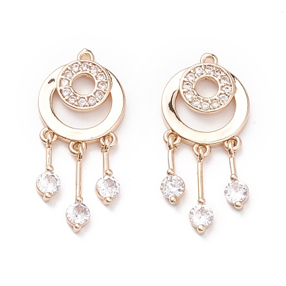 Brass Micro Pave Clear Cubic Zirconia Pendants, Woven Net/Web with Feather