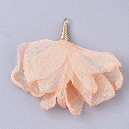 Organza Fabric Big Pendants, with Golden Tone Iron Findings, Flower
