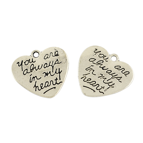 Тибетском стиле сплава подвески для день Святого Валентина, сердце со словом, без кадмия и без свинца, 20x21x2 мм, отверстие : 1.5 мм