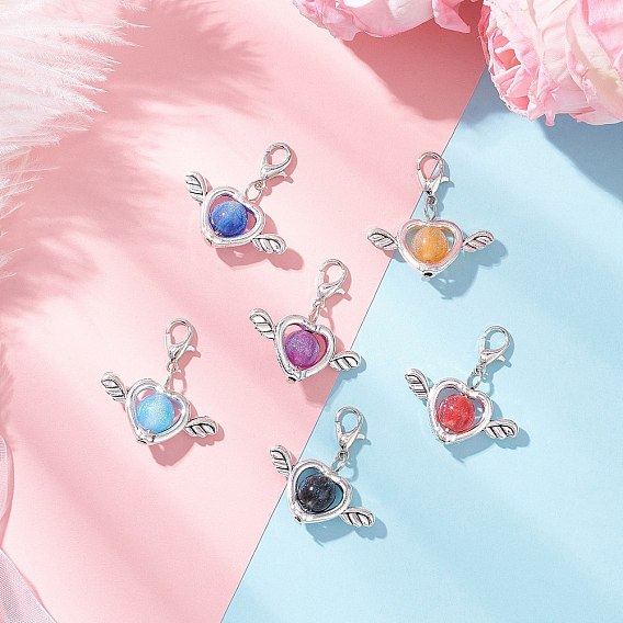 6 шт. 6 подвесные украшения из искусственной смолы с эффектом кошачьего глаза и сплава, Сердце и крыло, Сплав с застежками когтя омара