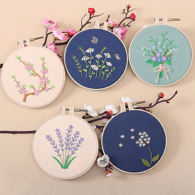 DIY Flower Pattern Embroidery Kits, Including Printed Cotton Fabric, Embroidery Thread & Needles, Lavender/April Daisy/Rose