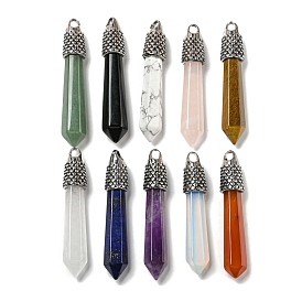 Gemstone Pointed Big Pendants, Faceted Bullet Charms with Rack Plating Antique Silver Tone Alloy Findings, Cadmium Free & Lead Free