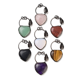 Gemstone Heart Big Pendants, Brass Ring Charms with Leaf & Jump Rings, Red Copper