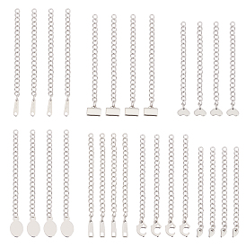 28Pcs 7 Style 304 Stainless Steel Chain Extender, Curb Chain, with 202 Stainless Steel Charms