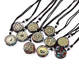Ожерелья из оргонитовой чакры, ожерелья шкентеля, с крошкой из натурального камня, Нейлоновая нить, латунная фурнитура, плоско-круглые