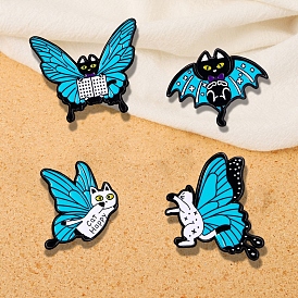 Funny Black White Cat with Butterfly Wing Enamel Pins, Kitty Badge, Alloy Animal Brooches for Clothes Backpack