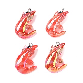 AB Color Resin Sea Animal Pendants, Shrimp Charms with Platinum Tone Iron Loops