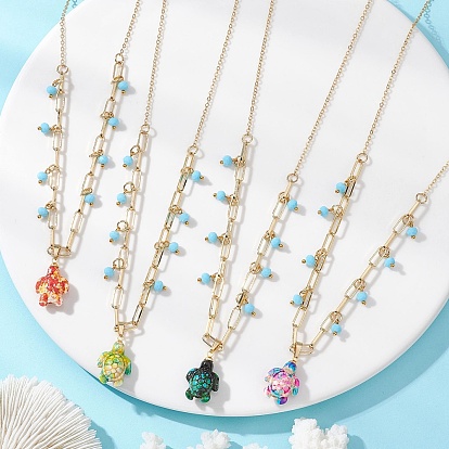 Подвеска в виде морской черепахи из искусственной бирюзы с латунной цепочкой и синим стеклом для женщин., разноцветные