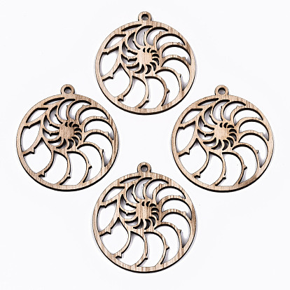Unfinished Hollow Wood Big Pendants, Undyed, Laser Cut Wood Shapes, Flat Round with Sea Shell Shape