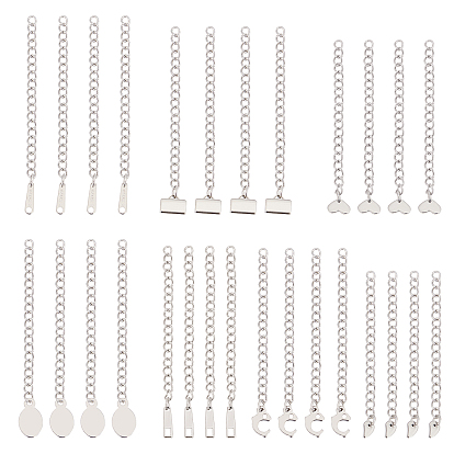 28Pcs 7 Style 304 Stainless Steel Chain Extender, Curb Chain, with 202 Stainless Steel Charms