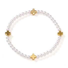 Летние латунные браслеты с крестом и круглыми бусинами из искусственного жемчуга для женщин., золотые