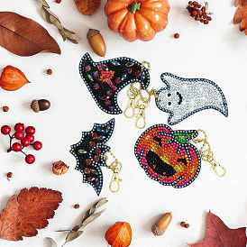 Kit de porte-clés de peinture au diamant bricolage sur le thème d'halloween, y compris le panneau acrylique, fermoir porte-clés, chaîne de perles, sac de strass en résine, stylo collant diamant, plaque de plateau et pâte à modeler