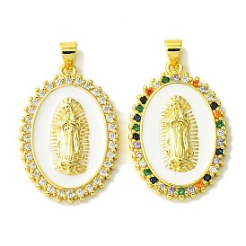 Real 18K Gold Plated Brass Micro Pave Cubic Zirconia Pendants, with Enamel, Oval & Virgin