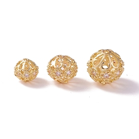 Brass Clear Cubic Zirconia Beads, Hollow Round, Real Gold Plated