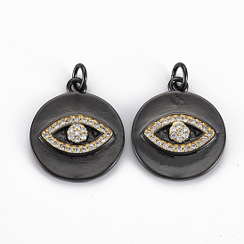 Brass Micro Pave Clear Cubic Zirconia Pendants, with Jump Rings, Nickel Free, Real 16K Gold Plated, Flat Round with Eye