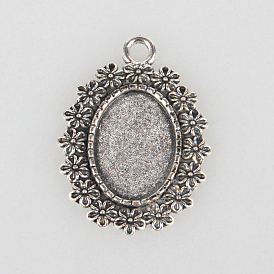 Tibetan Style Alloy Pendant Cabochon Settings, Cadmium Free & Lead Free, Oval with Flowers, Tray: 13x18mm, 33x25x2mm, Hole: 3mm, about 260pcs/kg