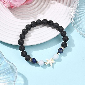 Natural Lava Rock & Lapis Lazuli & Dyed Quartz Round Beads Stretch Bracelets for Women, Starfish, with Synthetic Turquoise Beads