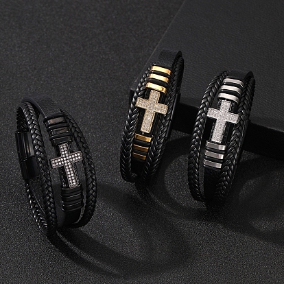 Пу кожаный шнур плетеные браслеты, латунные многорядные браслеты с микропаве из кубического циркония для мужчин, крестик