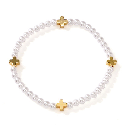 Летние латунные браслеты с крестом и круглыми бусинами из искусственного жемчуга для женщин., золотые