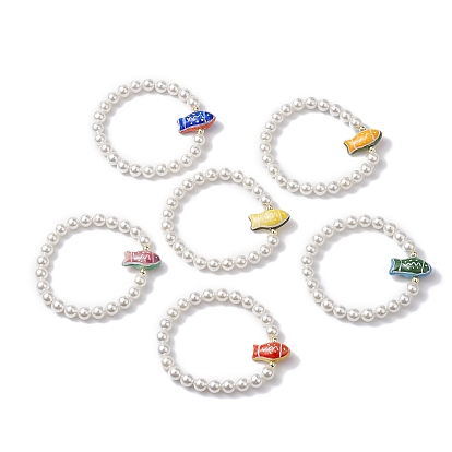 8mm Round Shell Pearl Beaded Stretch Bracelets, Fish Handmade Printed Porcelain Bracelets for Women