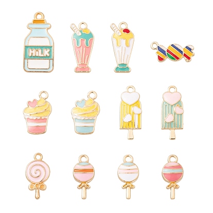24Pcs 12 Style Alloy Pendants, with Enamel, Food, Light Gold