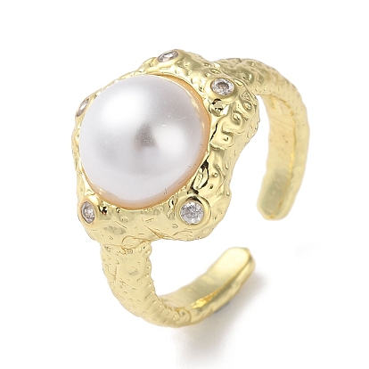 Rack Plating Brass Micro Pave Cubic Zirconia Open Ring, Plastic Pearl Cuff Finger Ring for Women, Long-Lasting Plated, Lead Free & Cadmium Free