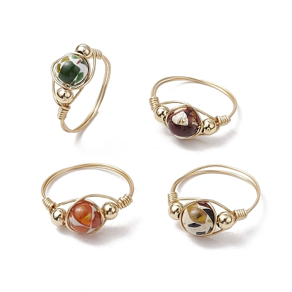 4шт 4 цвета латунные кольца для женщин, с бусинами из синтетического янтаря и экологически чистой медной проволокой