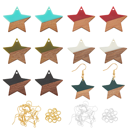 Kits de fabrication de boucles d'oreilles pendantes en bois de noyer, 12pcs 6 couleurs pendentifs en résine étoile et bois de noyer, crochets et anneaux de saut en laiton