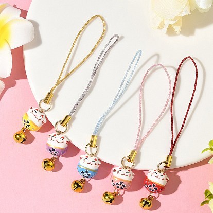 Подвесные украшения из фарфоровых бусин ручной работы с принтом, с латунными подвесками-колокольчиками для телефонных цепочек на руку, форма кошки, золотые