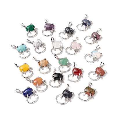 Natural & Synthetic Gemstone Pendants, with Platinum Tone Brass Findings, Cadmium Free & Lead Free, Cat Charm, Mixed Dyed and Undyed