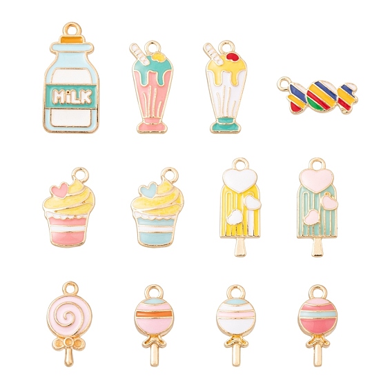 24Pcs 12 Style Alloy Pendants, with Enamel, Food, Light Gold